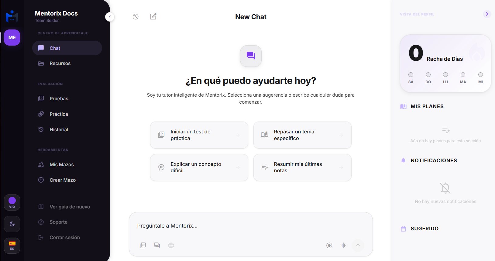 Interfaz de MentoriX con tutor inteligente, recursos, pruebas y práctica